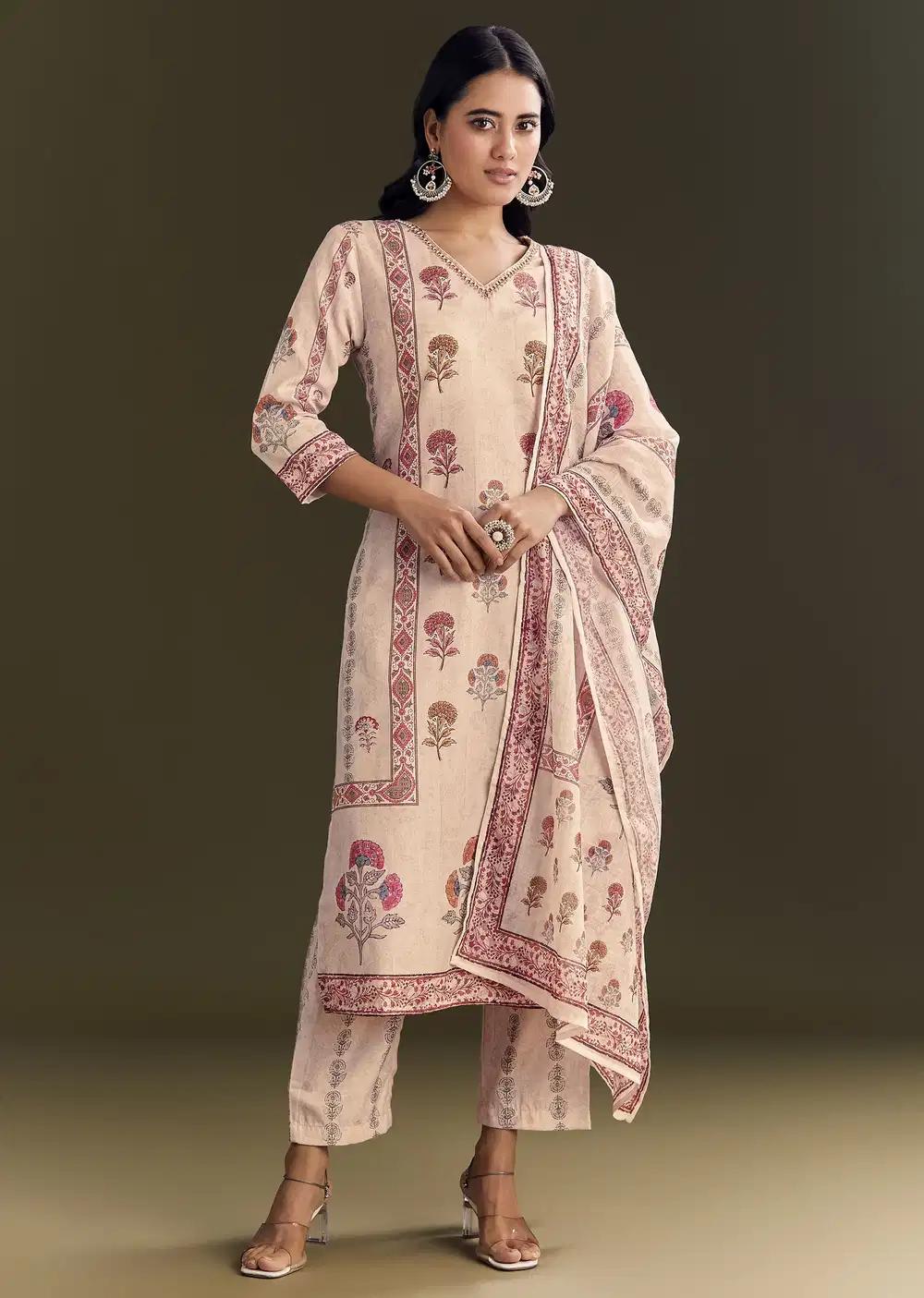 Beige Cotton Block Print Kurta Ensemble With Printed Dupatta Outfit