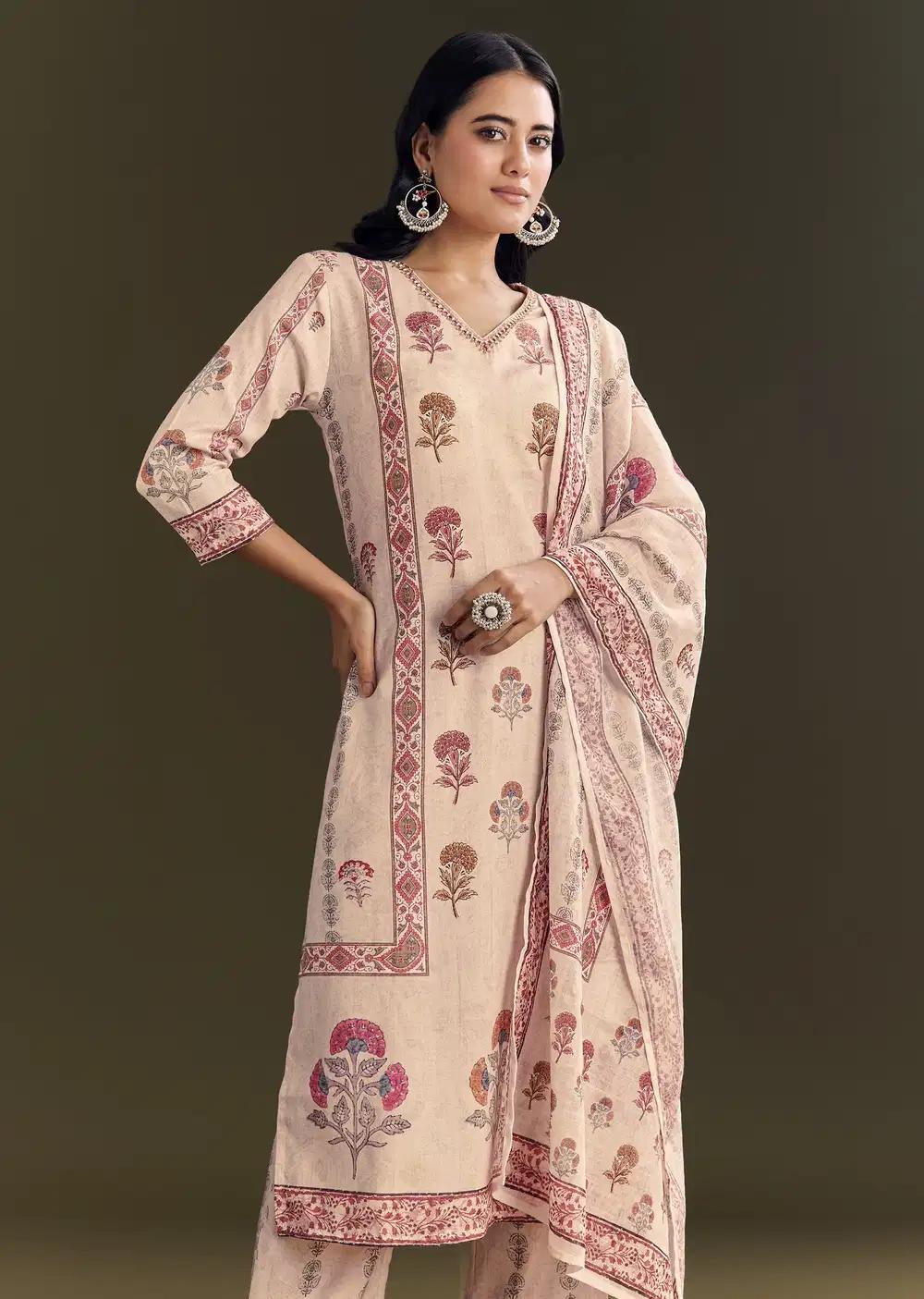 Beige Cotton Block Print Kurta Ensemble With Printed Dupatta Outfit
