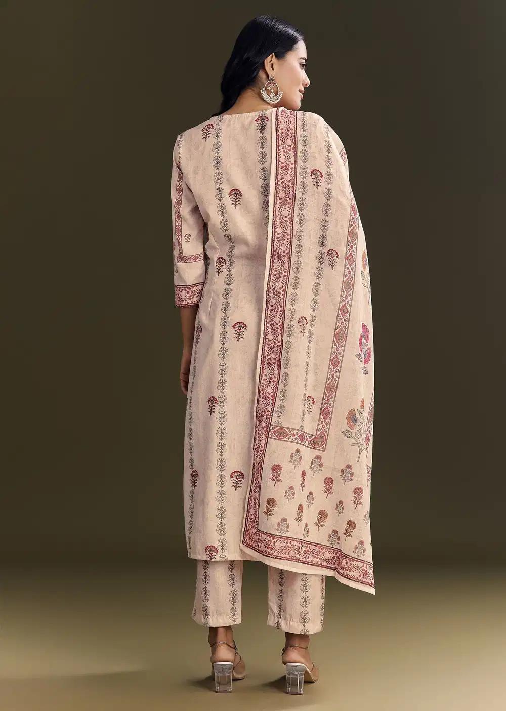 Beige Cotton Block Print Kurta Ensemble With Printed Dupatta Outfit