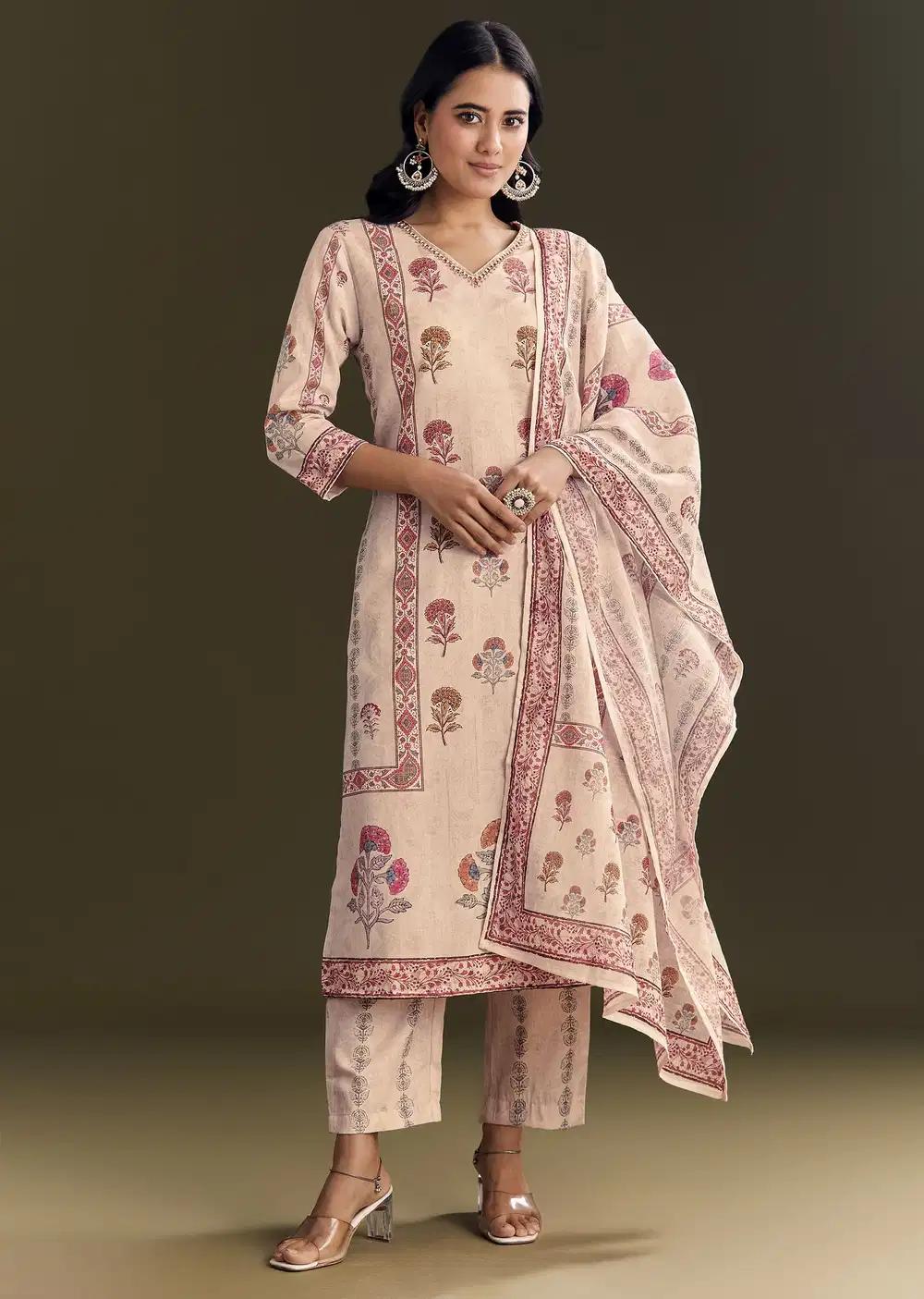 Beige Cotton Block Print Kurta Ensemble With Printed Dupatta Outfit