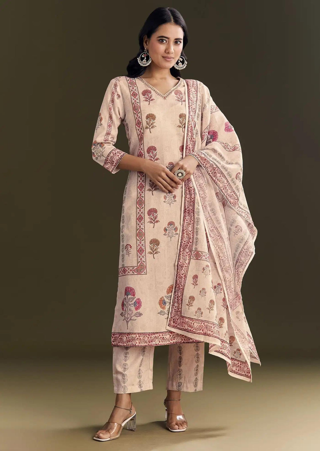 Beige Cotton Block Print Tunic Ensemble Featuring Patterned Drape