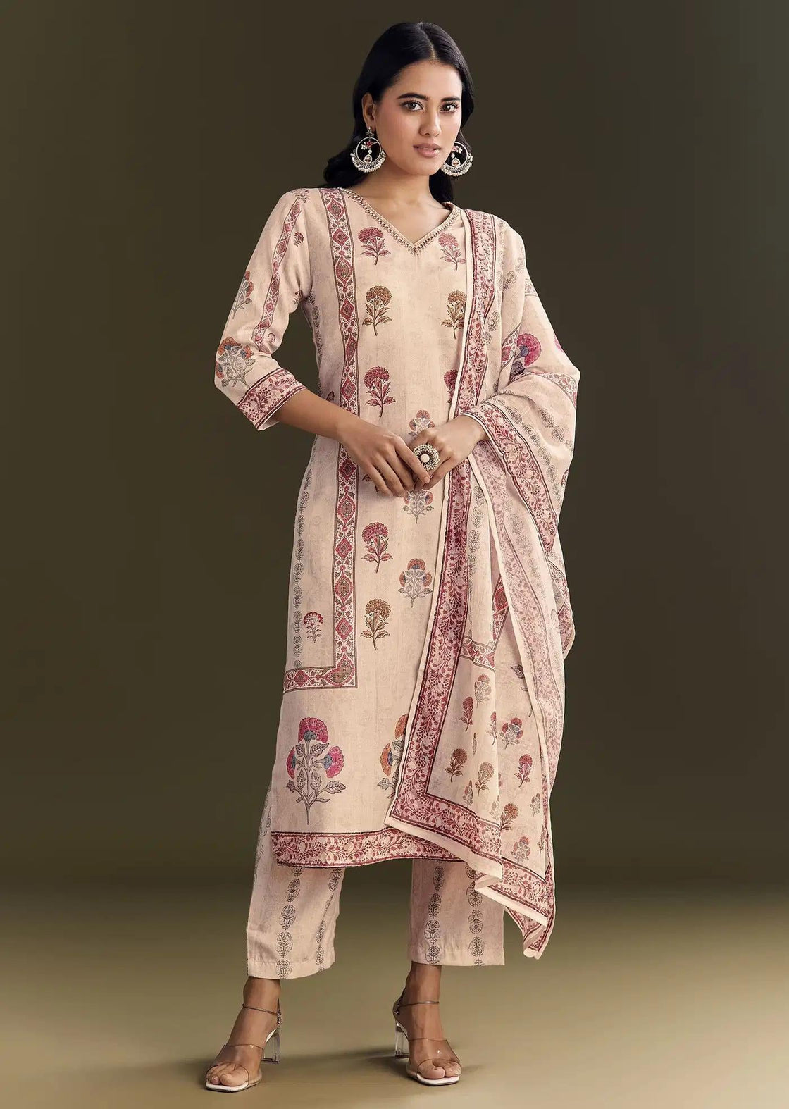 Beige Cotton Block Print Tunic Ensemble Featuring Patterned Drape