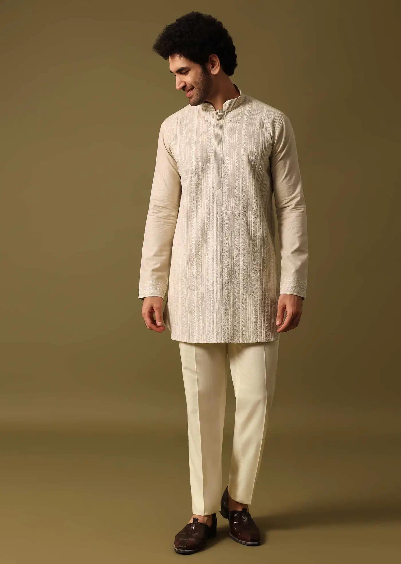 Beige Cotton Kurta Set With Resham Work For Men Elegant Designer Kurta Sets