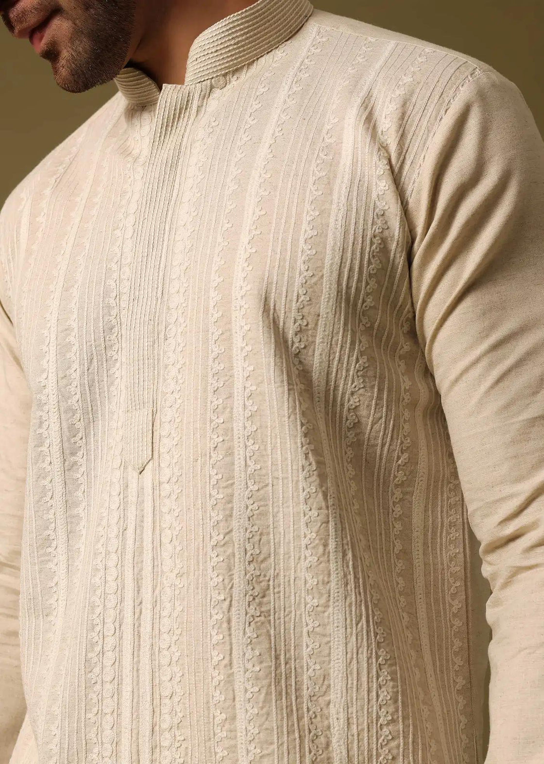 Beige Cotton Kurta Set With Resham Work For Men Elegant Designer Kurta Sets