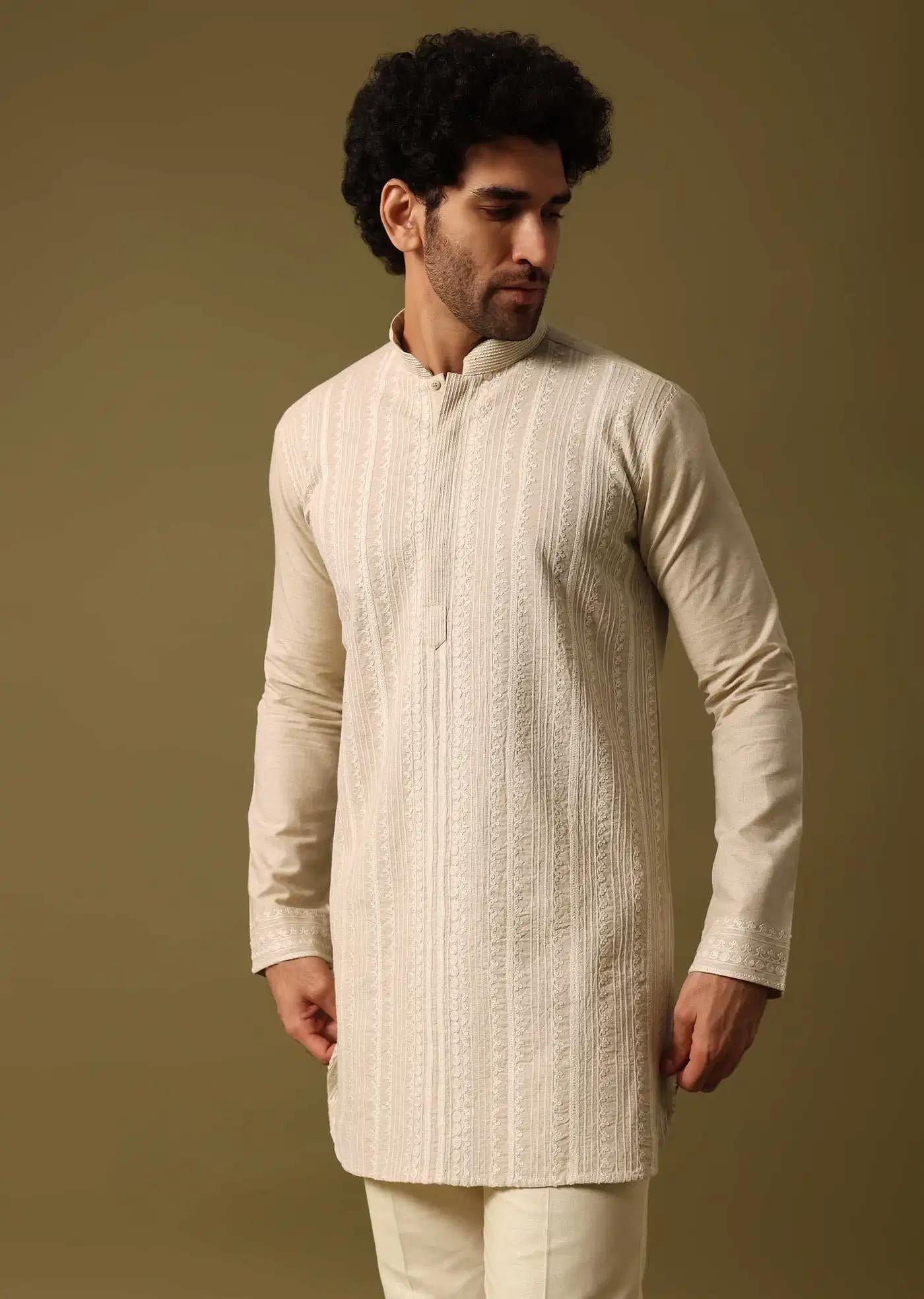 Beige Cotton Kurta Set With Resham Work For Men Elegant Designer Kurta Sets