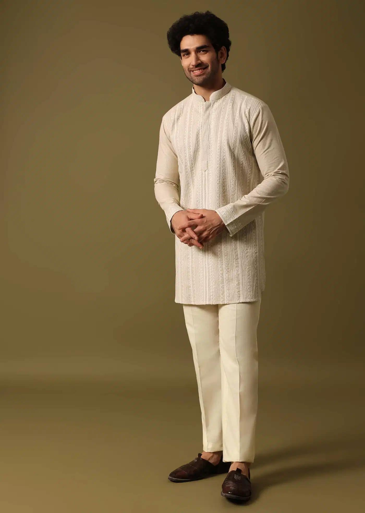 Beige Cotton Kurta Set With Resham Work For Men Elegant Designer Kurta Sets