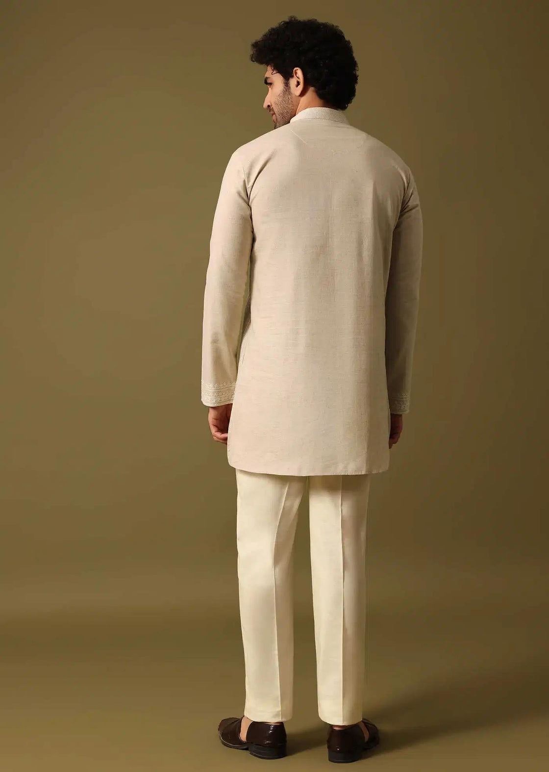 Beige Cotton Kurta Set With Resham Work For Men Elegant Designer Kurta Sets