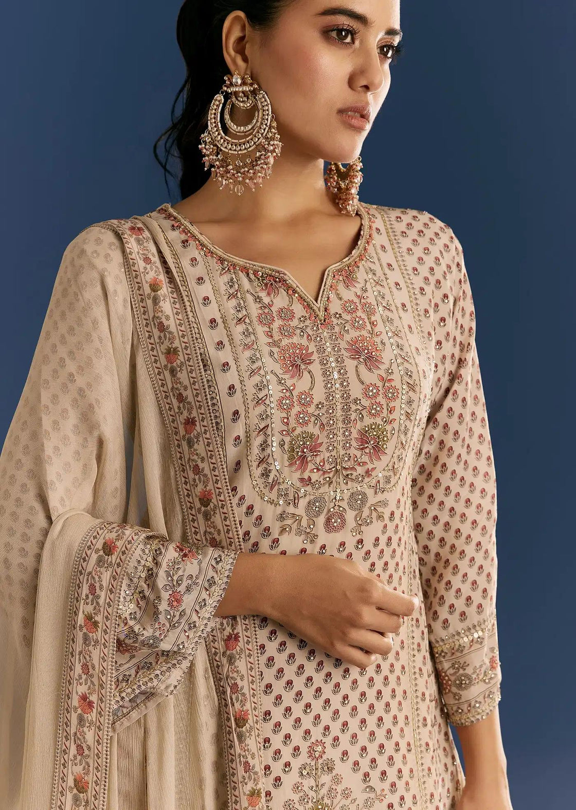 Beige Crepe Patterned Tunic Sharara Trousers Featuring Drape