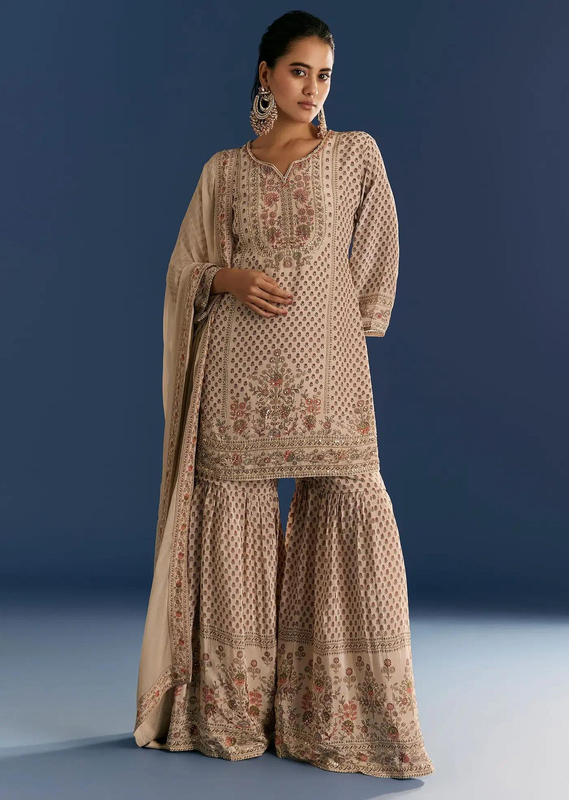 Beige Crepe Patterned Tunic Sharara Trousers Featuring Drape