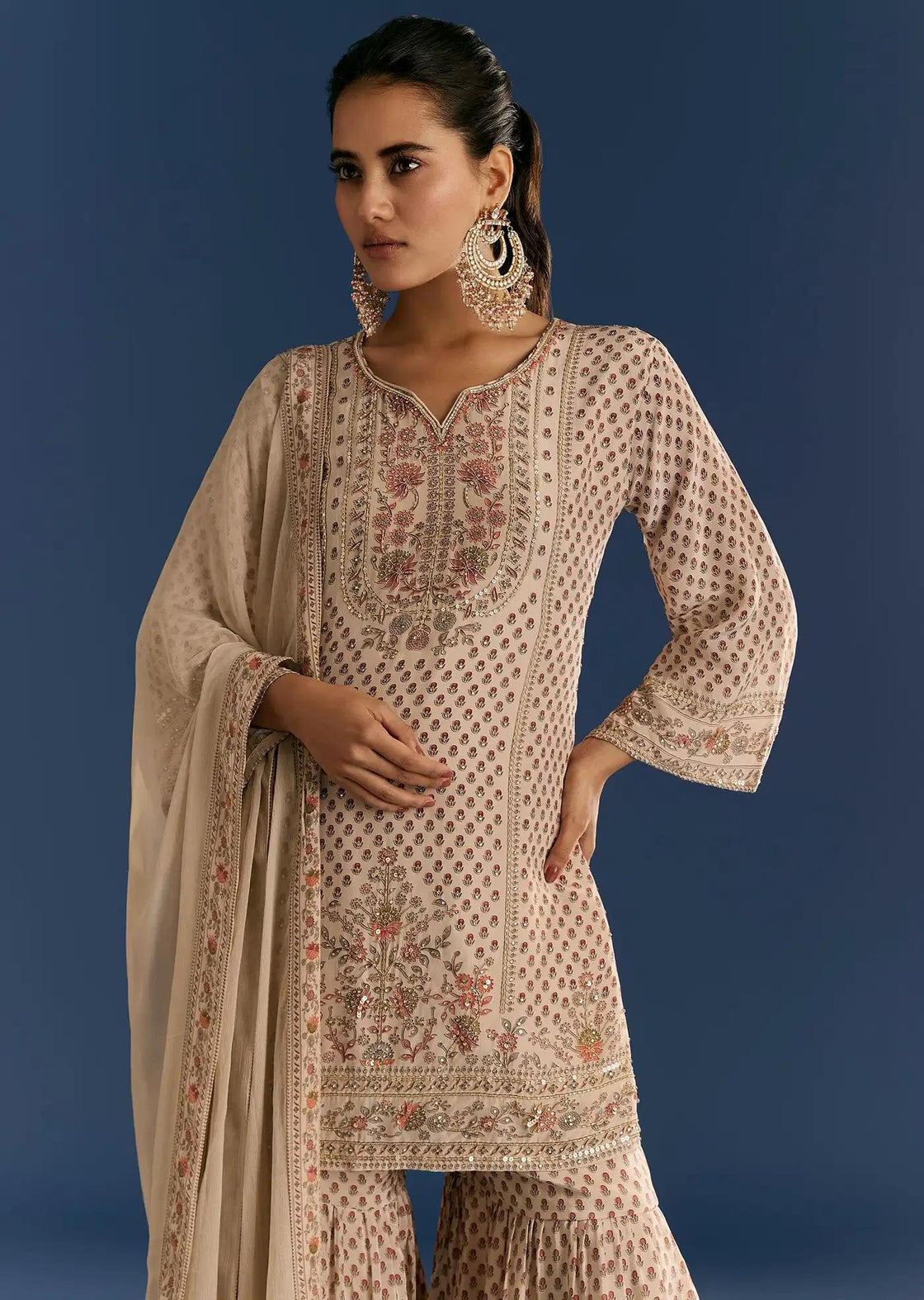 Beige Crepe Patterned Tunic Sharara Trousers Featuring Drape