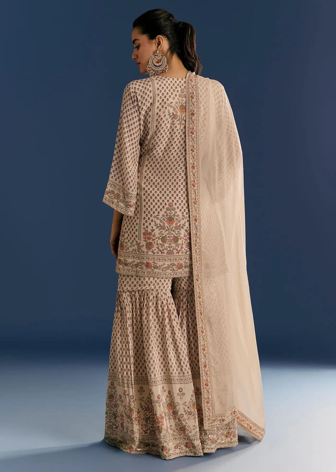 Beige Crepe Patterned Tunic Sharara Trousers Featuring Drape