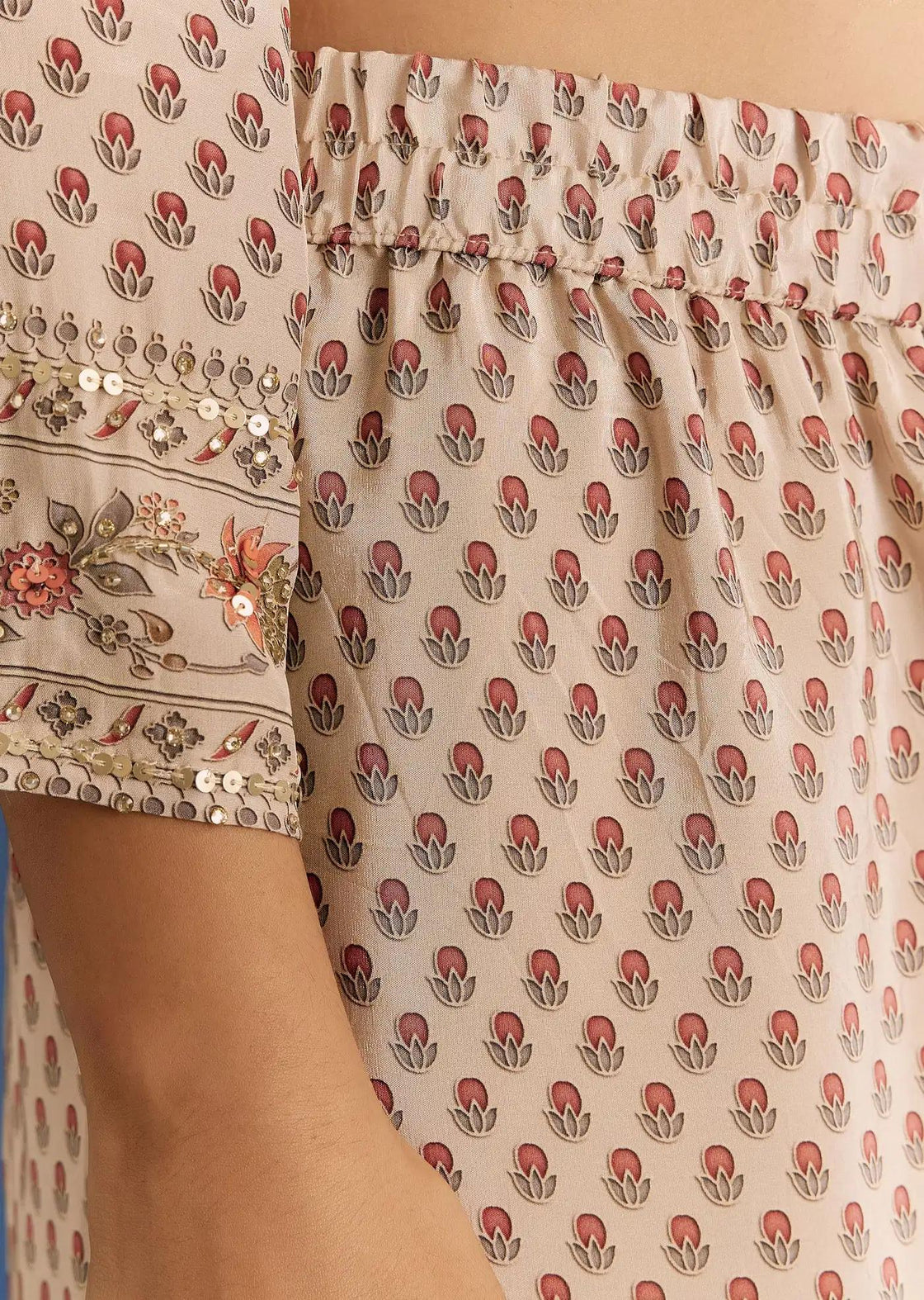 Beige Crepe Patterned Tunic Sharara Trousers Featuring Drape