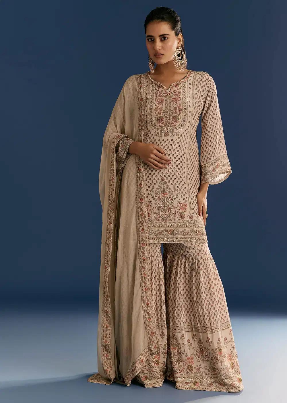 Beige Crepe Patterned Tunic Sharara Trousers Featuring Drape