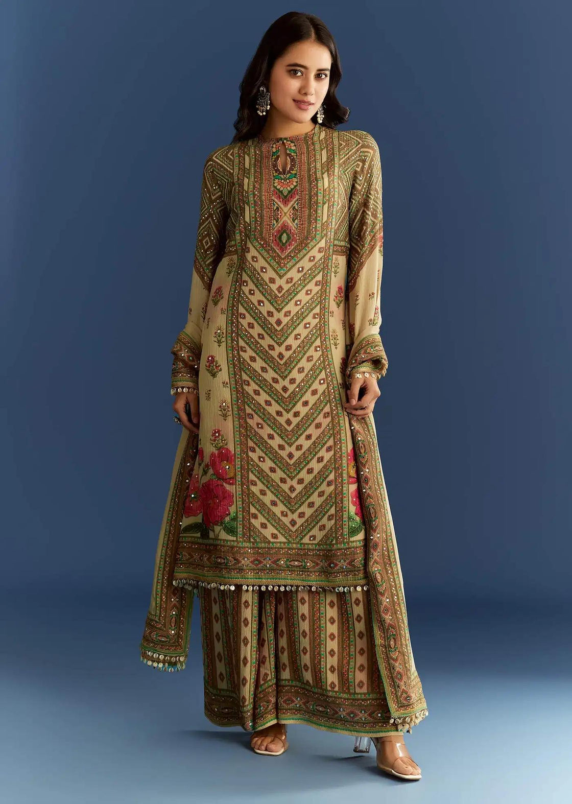 Beige Crush Tissue Floral Patterned Tunic Featuring Patterned Palazzo Trousers