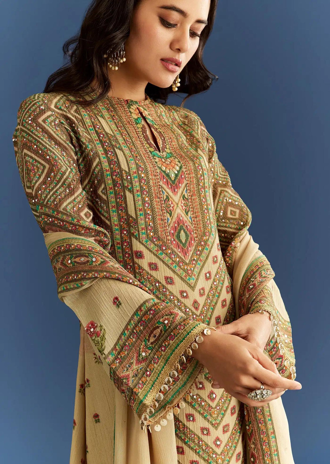 Beige Crush Tissue Floral Patterned Tunic Featuring Patterned Palazzo Trousers