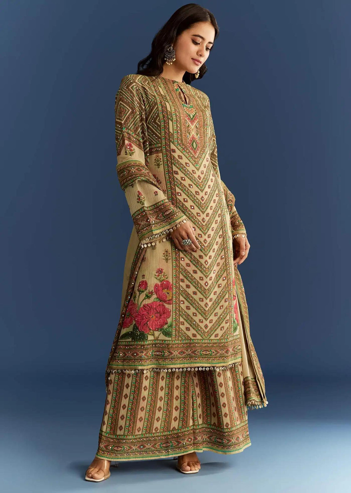 Beige Crush Tissue Floral Patterned Tunic Featuring Patterned Palazzo Trousers