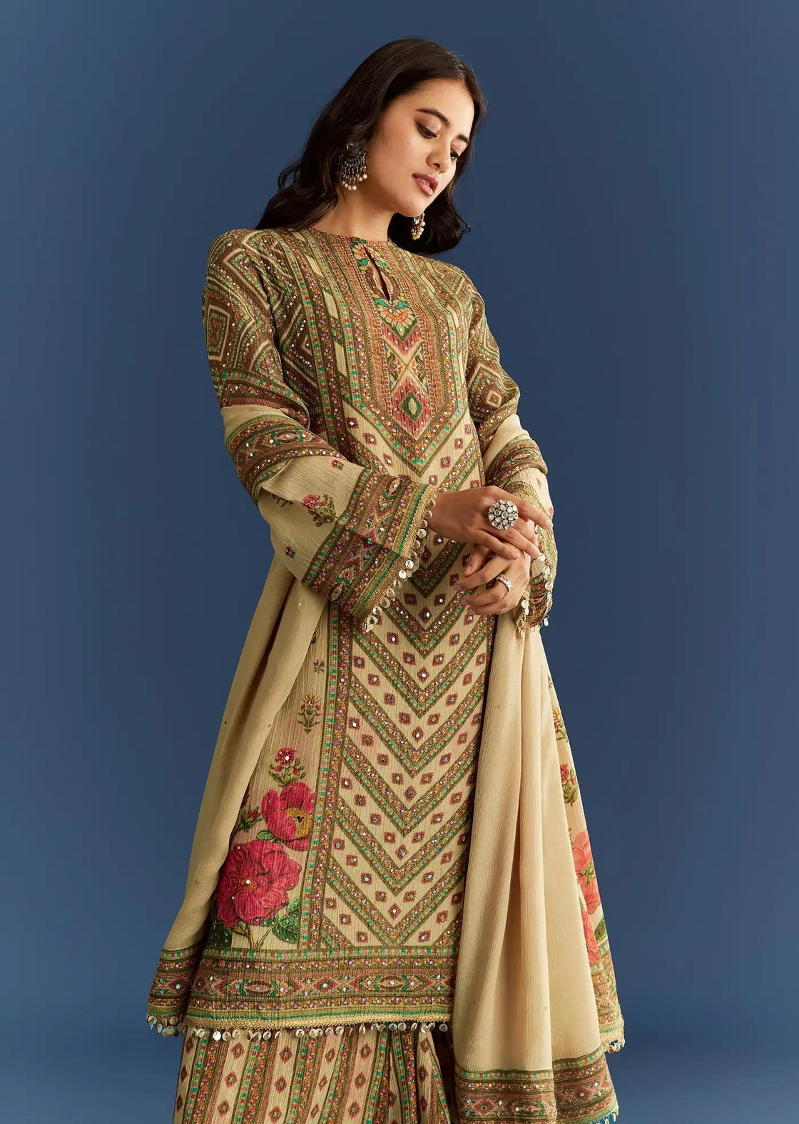 Beige Crush Tissue Floral Patterned Tunic Featuring Patterned Palazzo Trousers