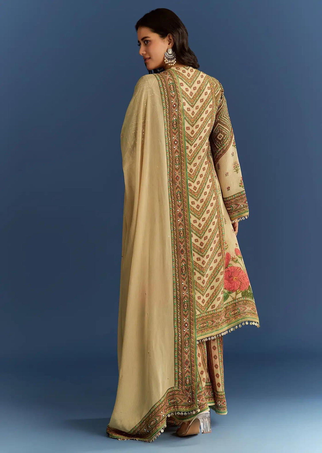 Beige Crush Tissue Floral Patterned Tunic Featuring Patterned Palazzo Trousers