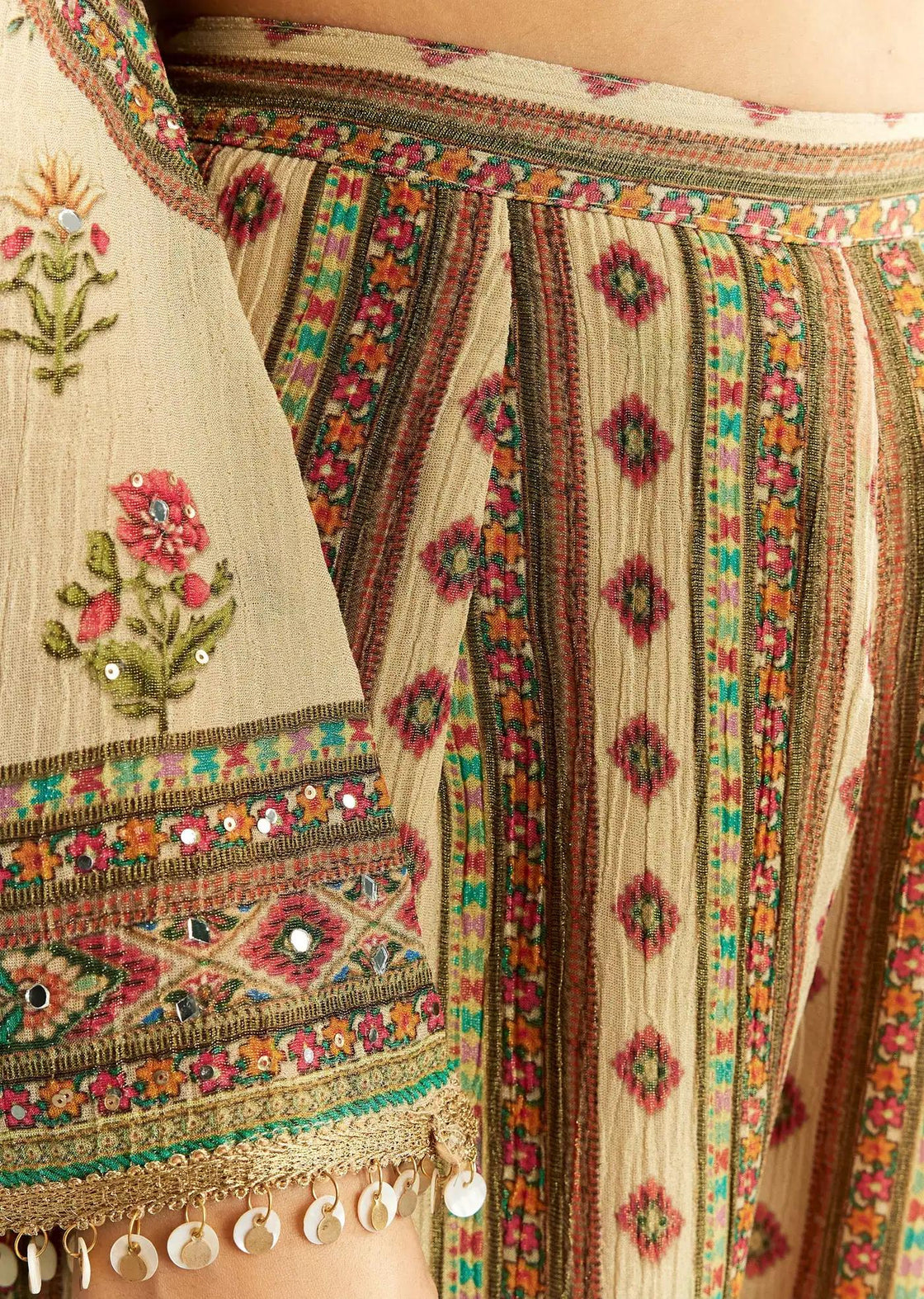 Beige Crush Tissue Floral Patterned Tunic Featuring Patterned Palazzo Trousers