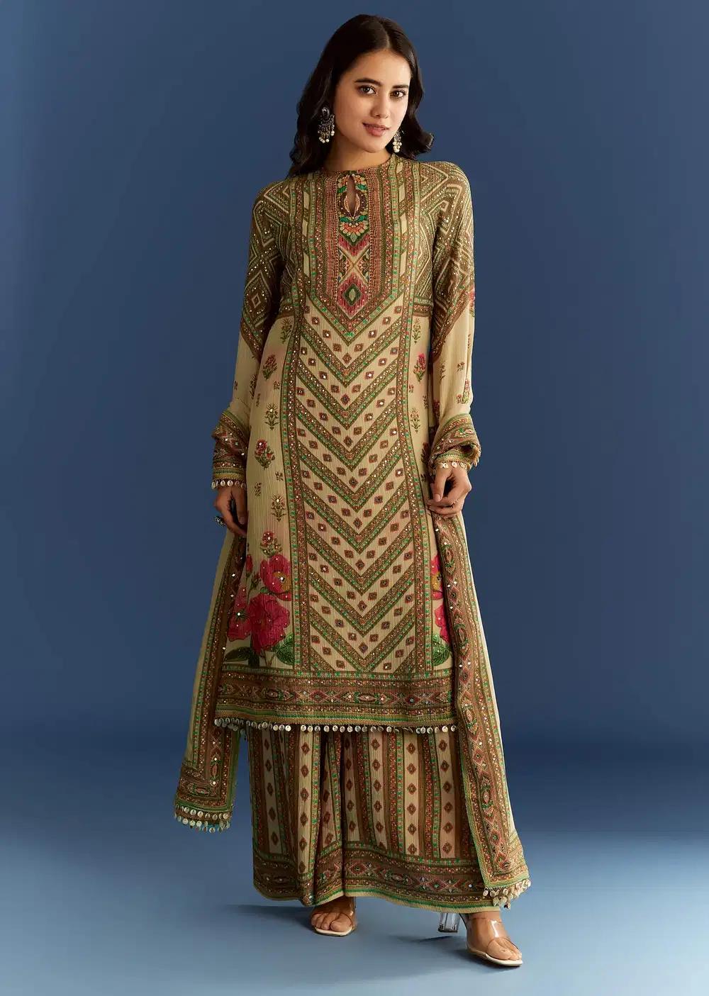 Beige Crush Tissue Floral Patterned Tunic Featuring Patterned Palazzo Trousers