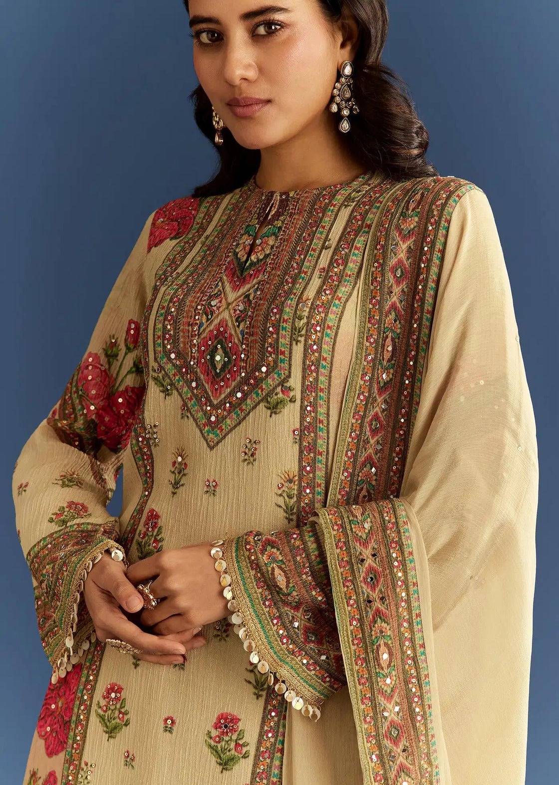 Beige Crush Tissue Floral Patterned Tunic Palazzo Trousers Featuring Drape