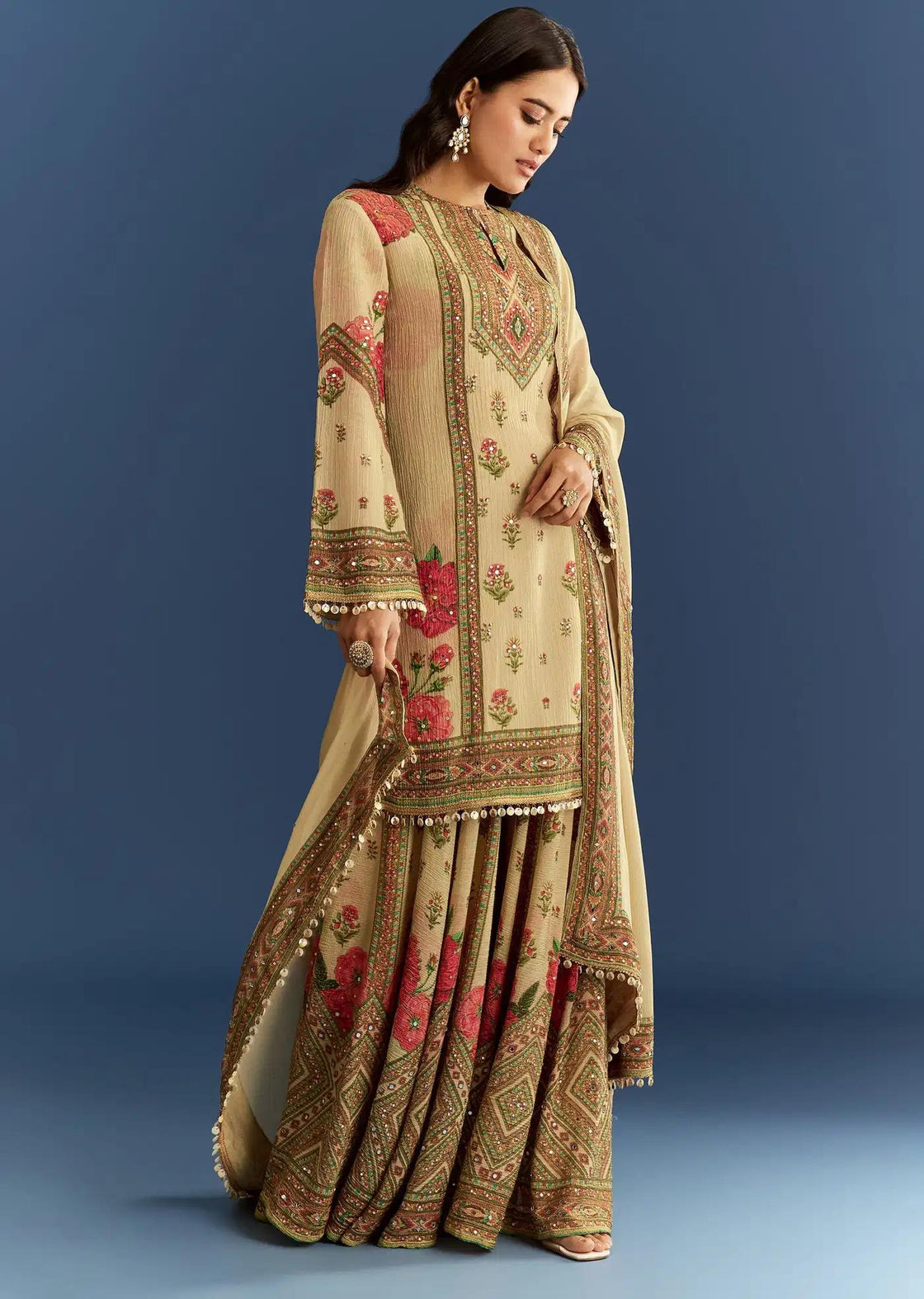 Beige Crush Tissue Floral Patterned Tunic Palazzo Trousers Featuring Drape