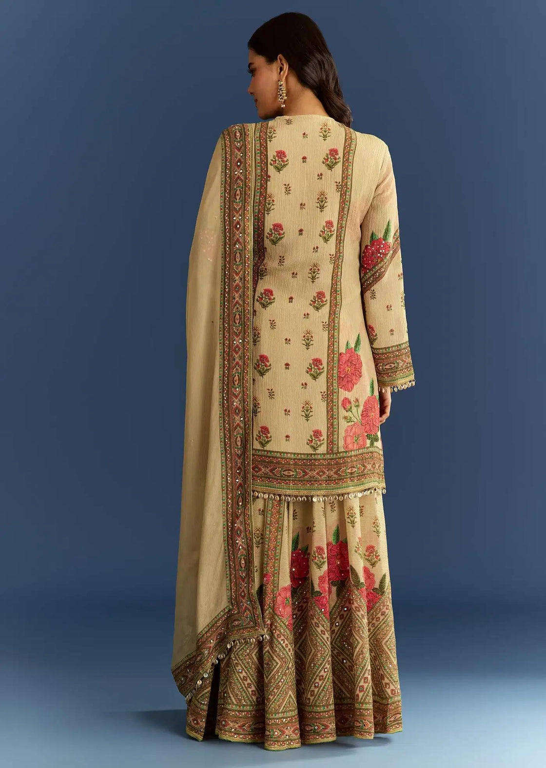 Beige Crush Tissue Floral Patterned Tunic Palazzo Trousers Featuring Drape