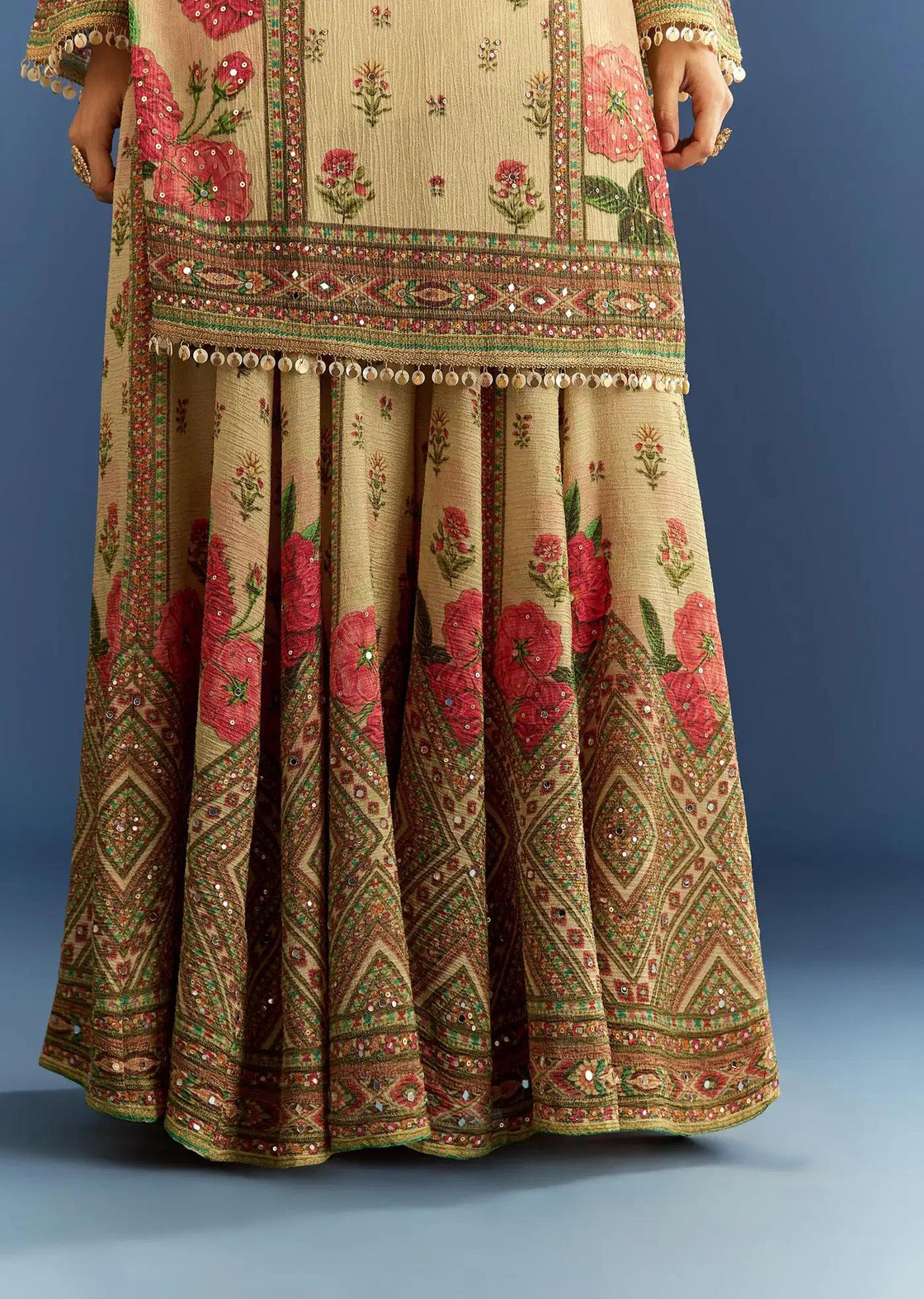 Beige Crush Tissue Floral Patterned Tunic Palazzo Trousers Featuring Drape