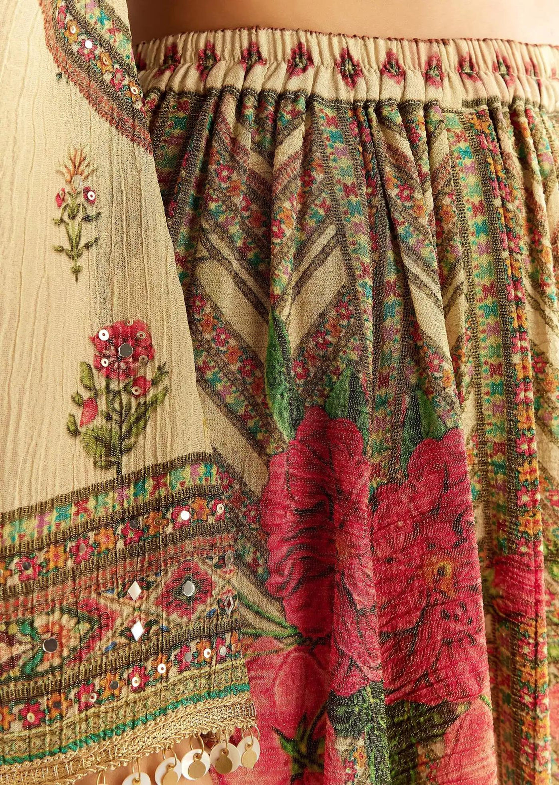 Beige Crush Tissue Floral Patterned Tunic Palazzo Trousers Featuring Drape