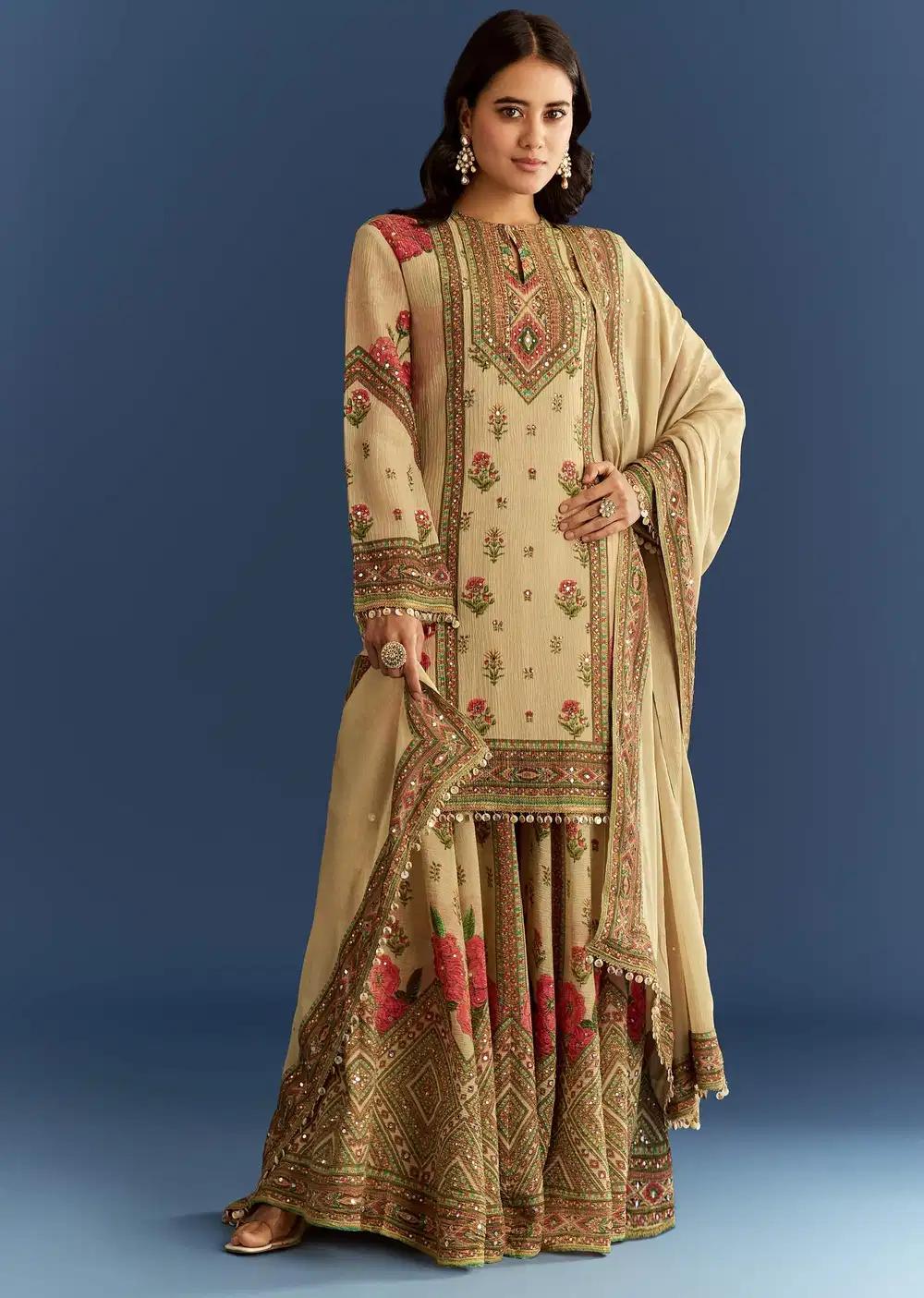 Beige Crush Tissue Floral Patterned Tunic Palazzo Trousers Featuring Drape