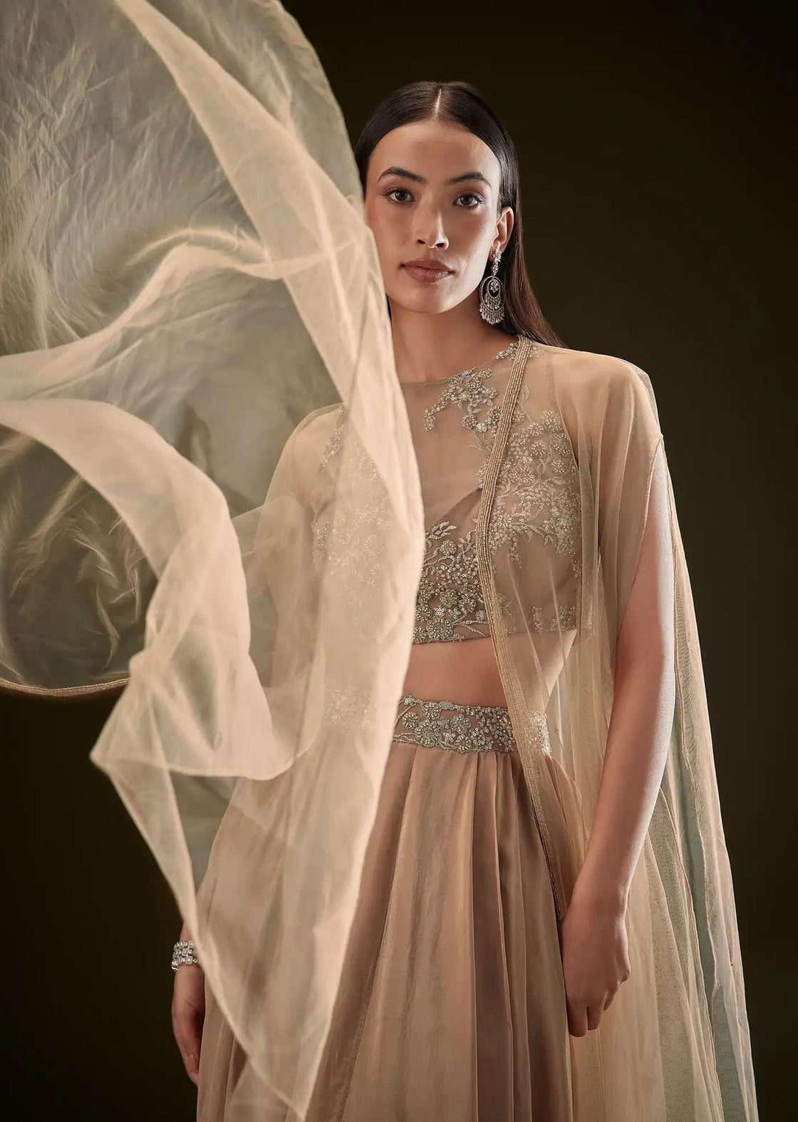 Beige Dhoti Skirt Set With Embroidered Bustier And Cape