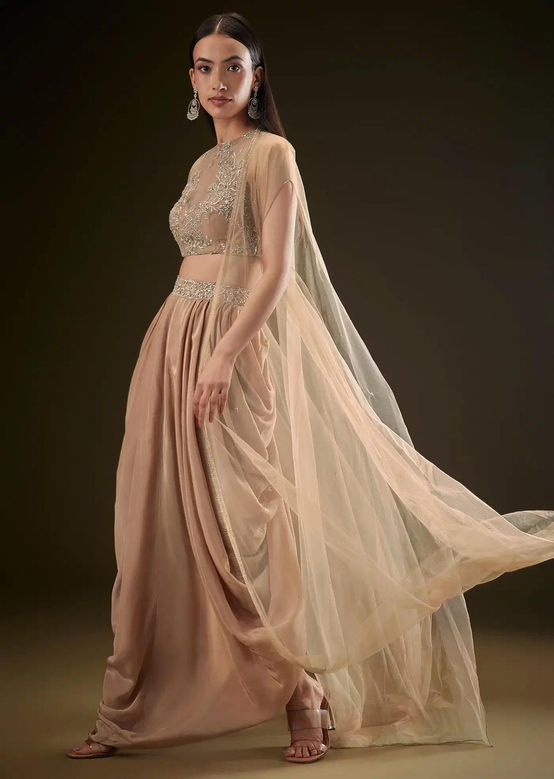Beige Dhoti Skirt Set With Embroidered Bustier And Cape