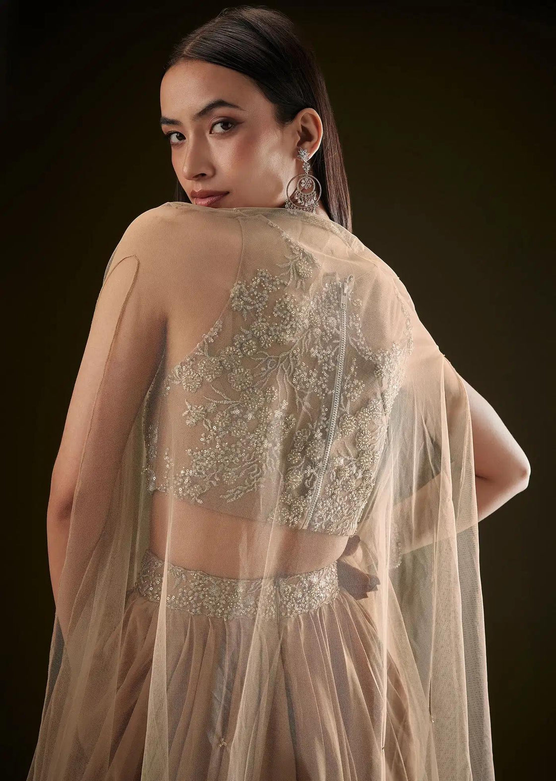 Beige Dhoti Skirt Set With Embroidered Bustier And Cape