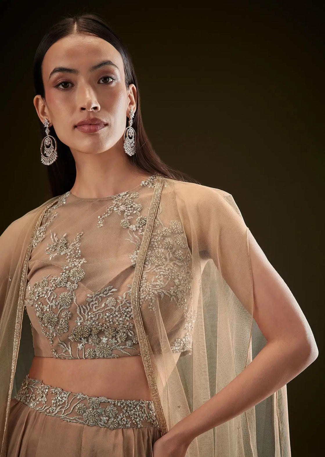 Beige Dhoti Skirt Set With Embroidered Bustier And Cape