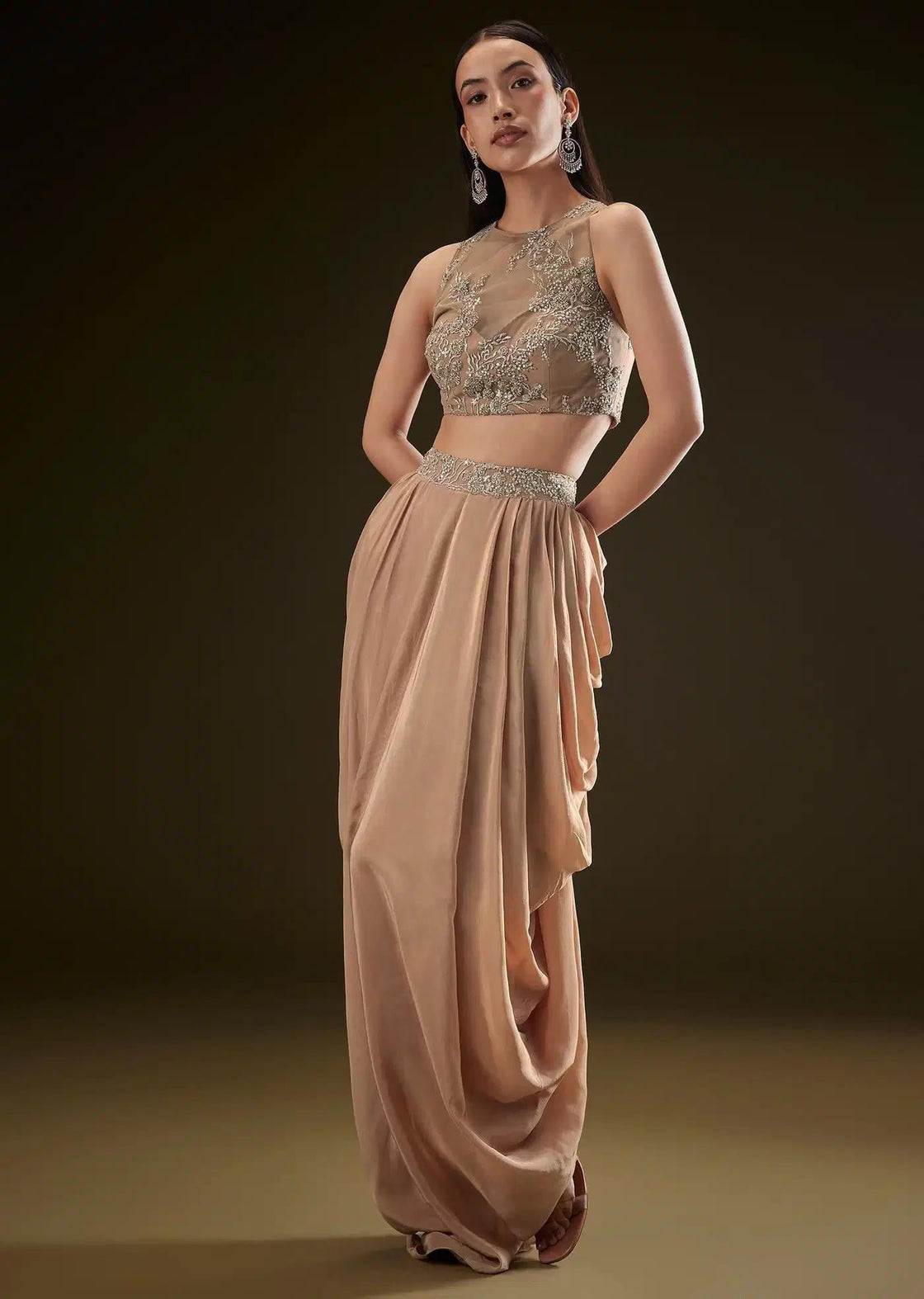 Beige Dhoti Skirt Set With Embroidered Bustier And Cape