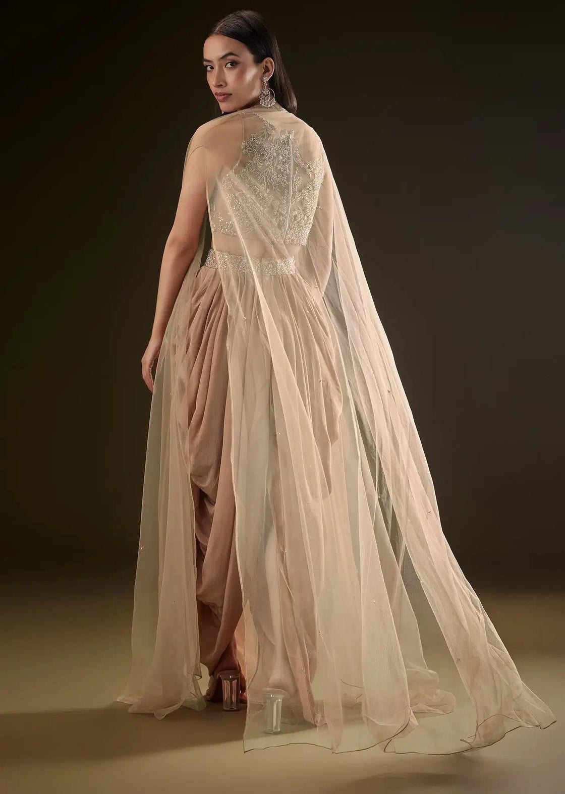 Beige Dhoti Skirt Set With Embroidered Bustier And Cape