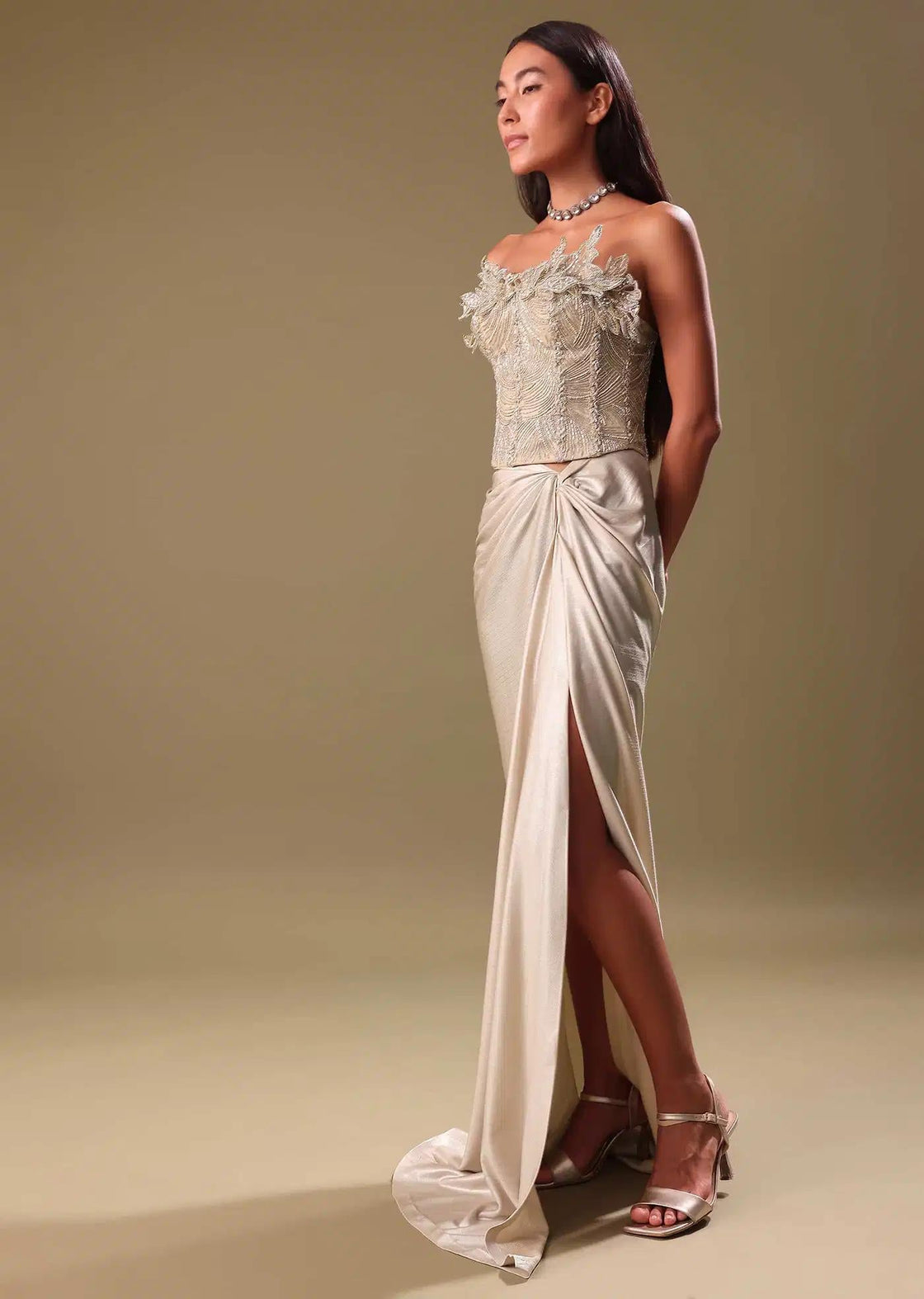 Beige Draped Skirt With Embroidered Silver Blouse