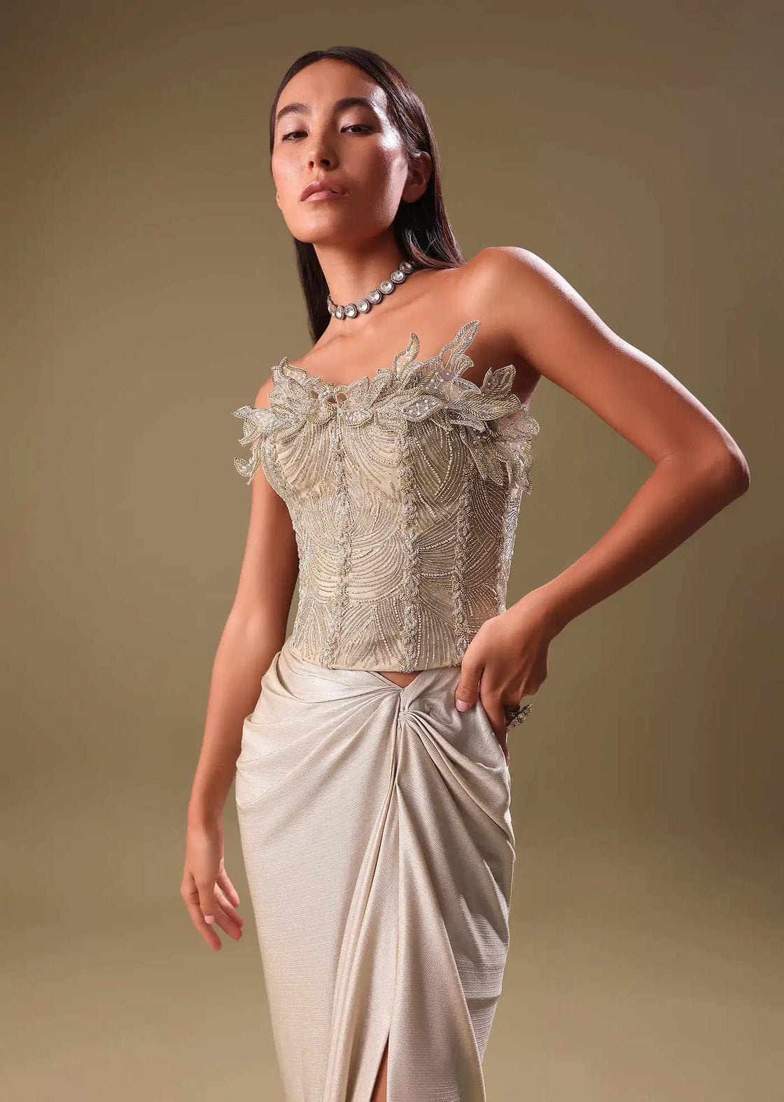 Beige Draped Skirt With Embroidered Silver Blouse