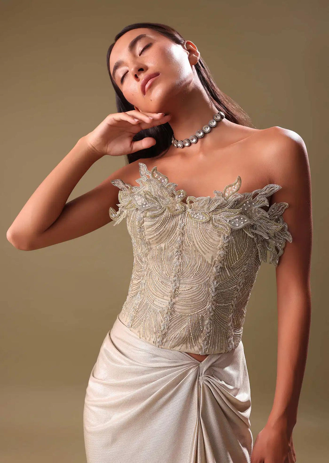Beige Draped Skirt With Embroidered Silver Blouse