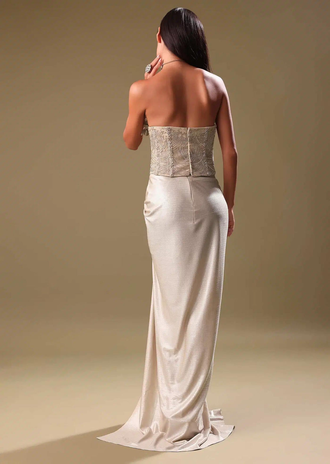 Beige Draped Skirt With Embroidered Silver Blouse