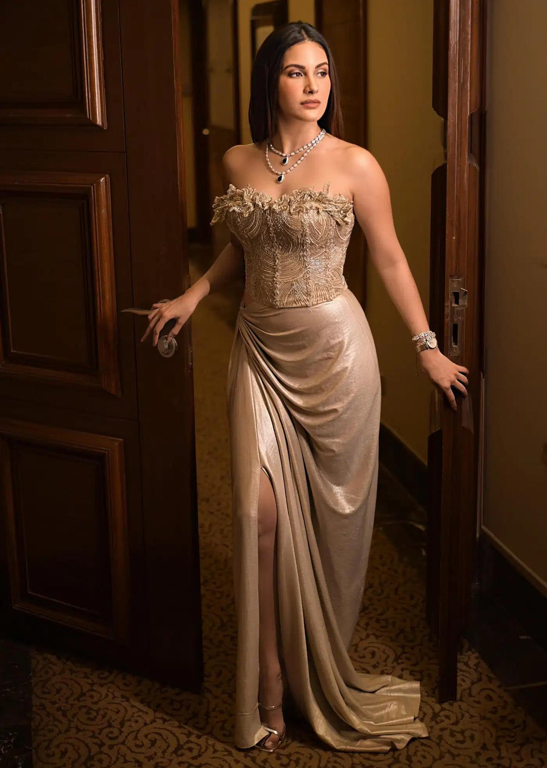 Beige Draped Skirt With Embroidered Silver Blouse