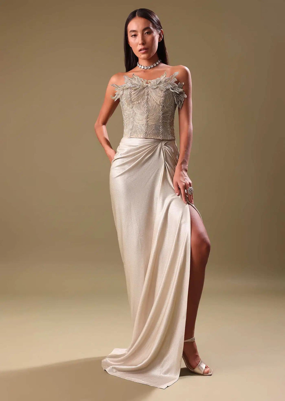 Beige Draped Skirt With Embroidered Silver Blouse