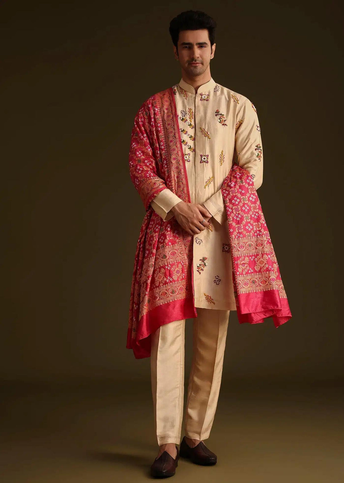 Beige Embroidered Kurta Set With Red Dupatta Elegant Designer Kurta Sets