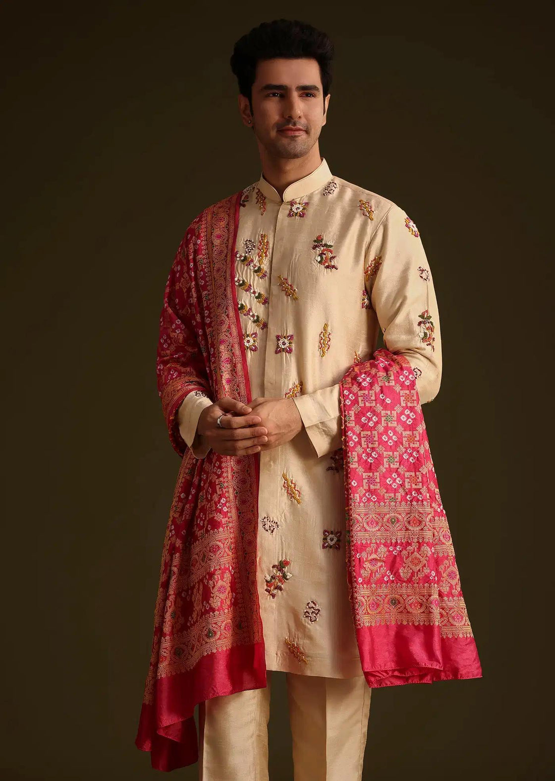 Beige Embroidered Kurta Set With Red Dupatta Elegant Designer Kurta Sets