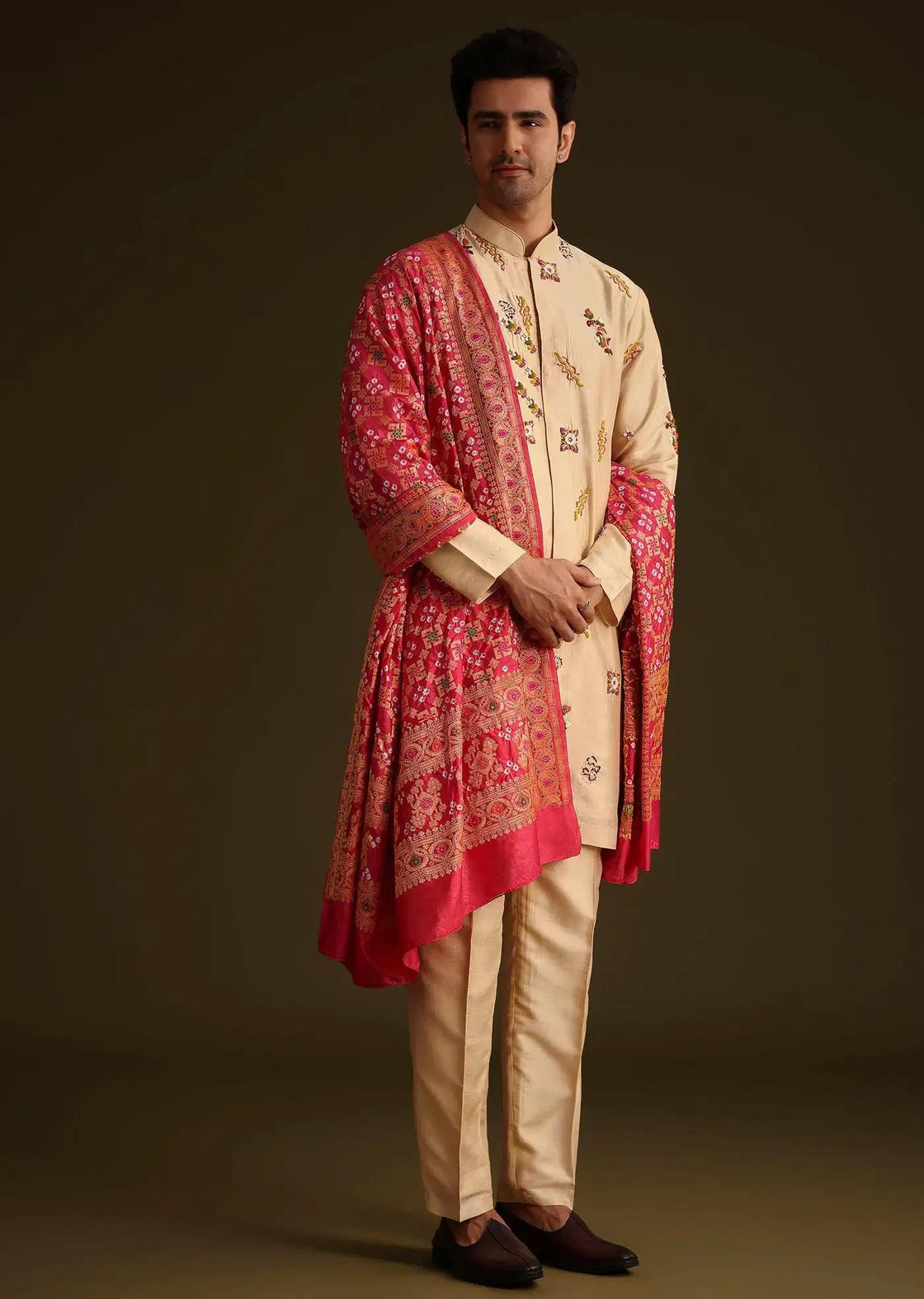 Beige Embroidered Kurta Set With Red Dupatta Elegant Designer Kurta Sets