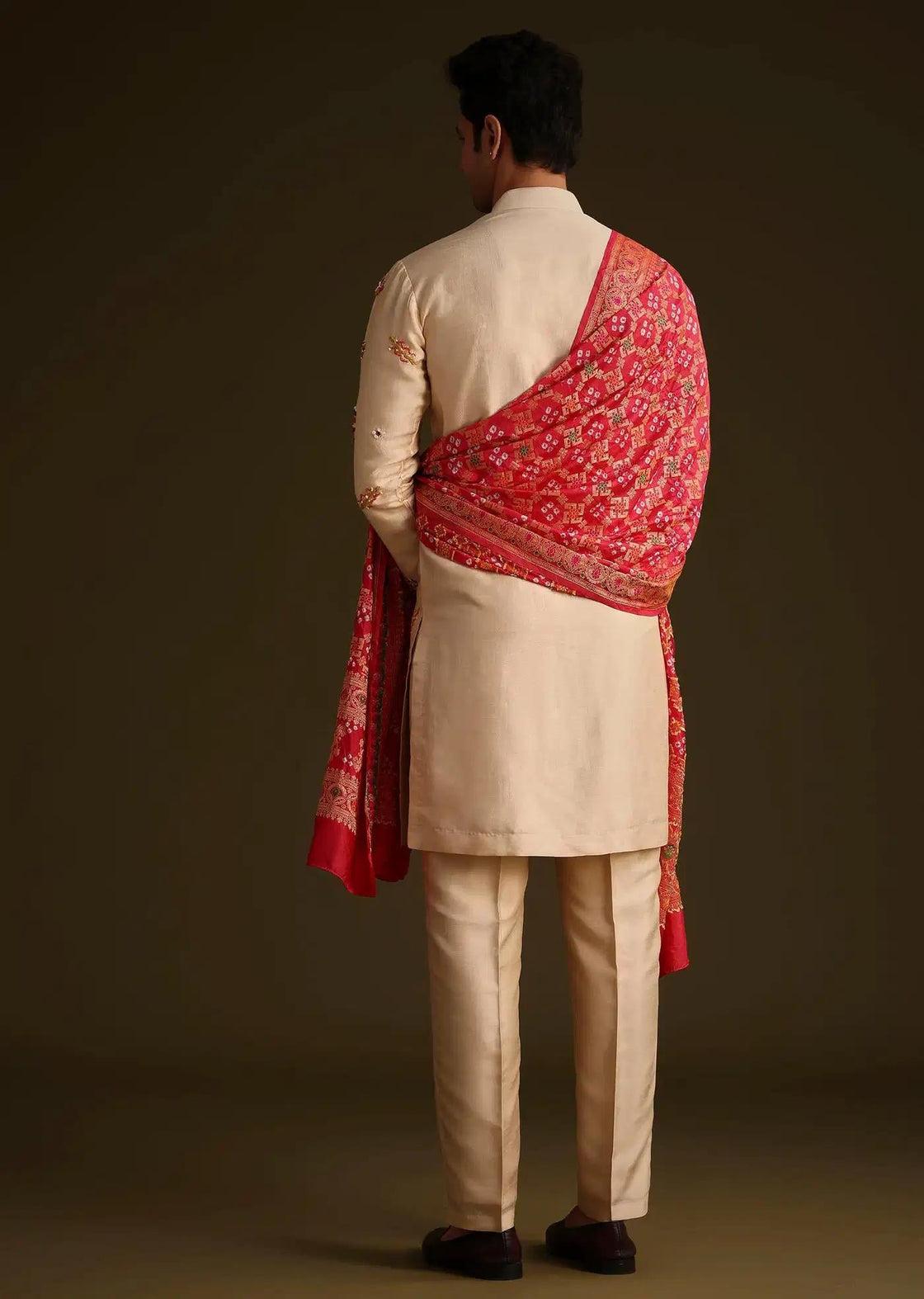 Beige Embroidered Kurta Set With Red Dupatta Elegant Designer Kurta Sets
