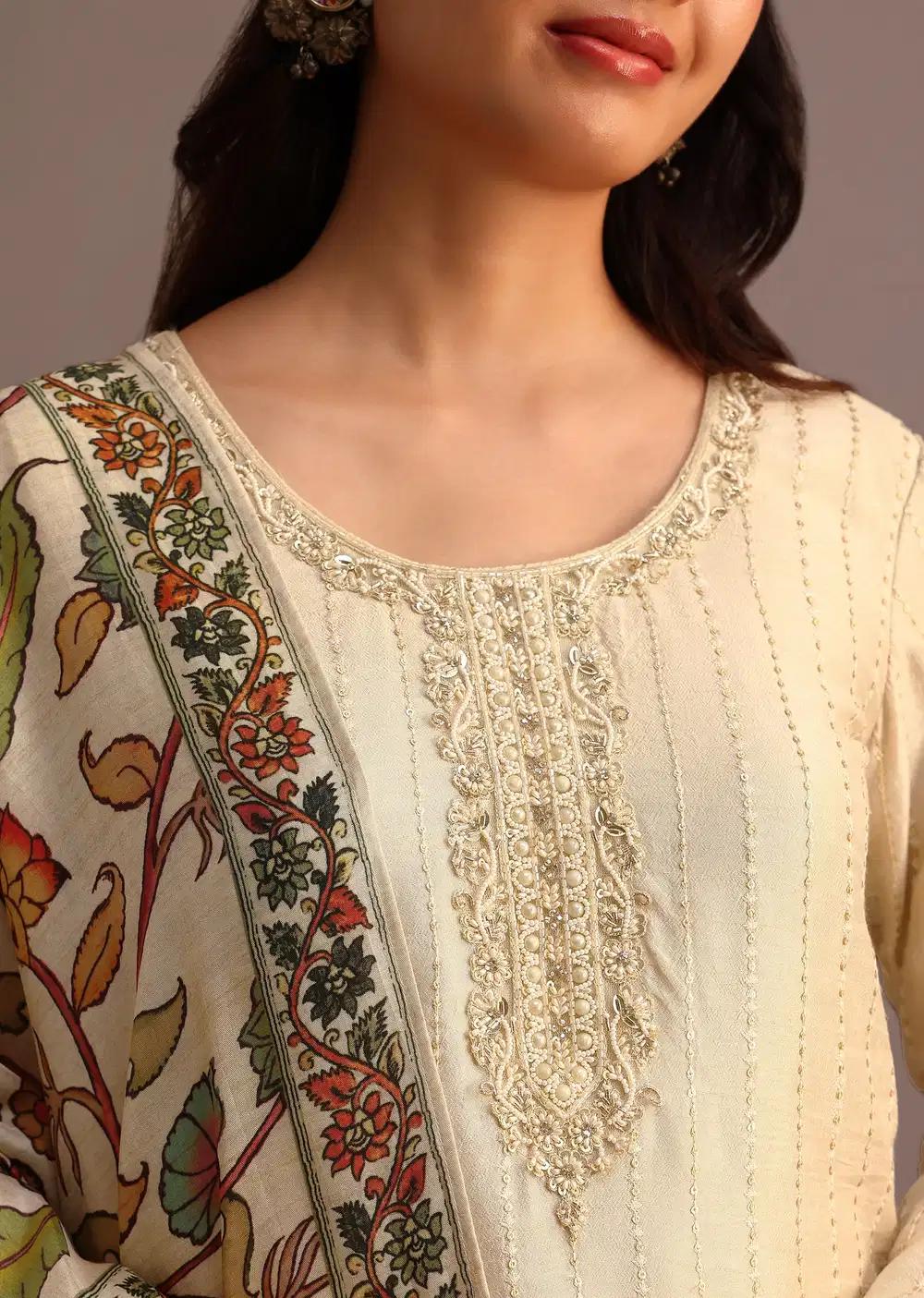 Beige Embroidered Kurti Pant Ensemble With Kalamkari Printed Chanderi Dupatta