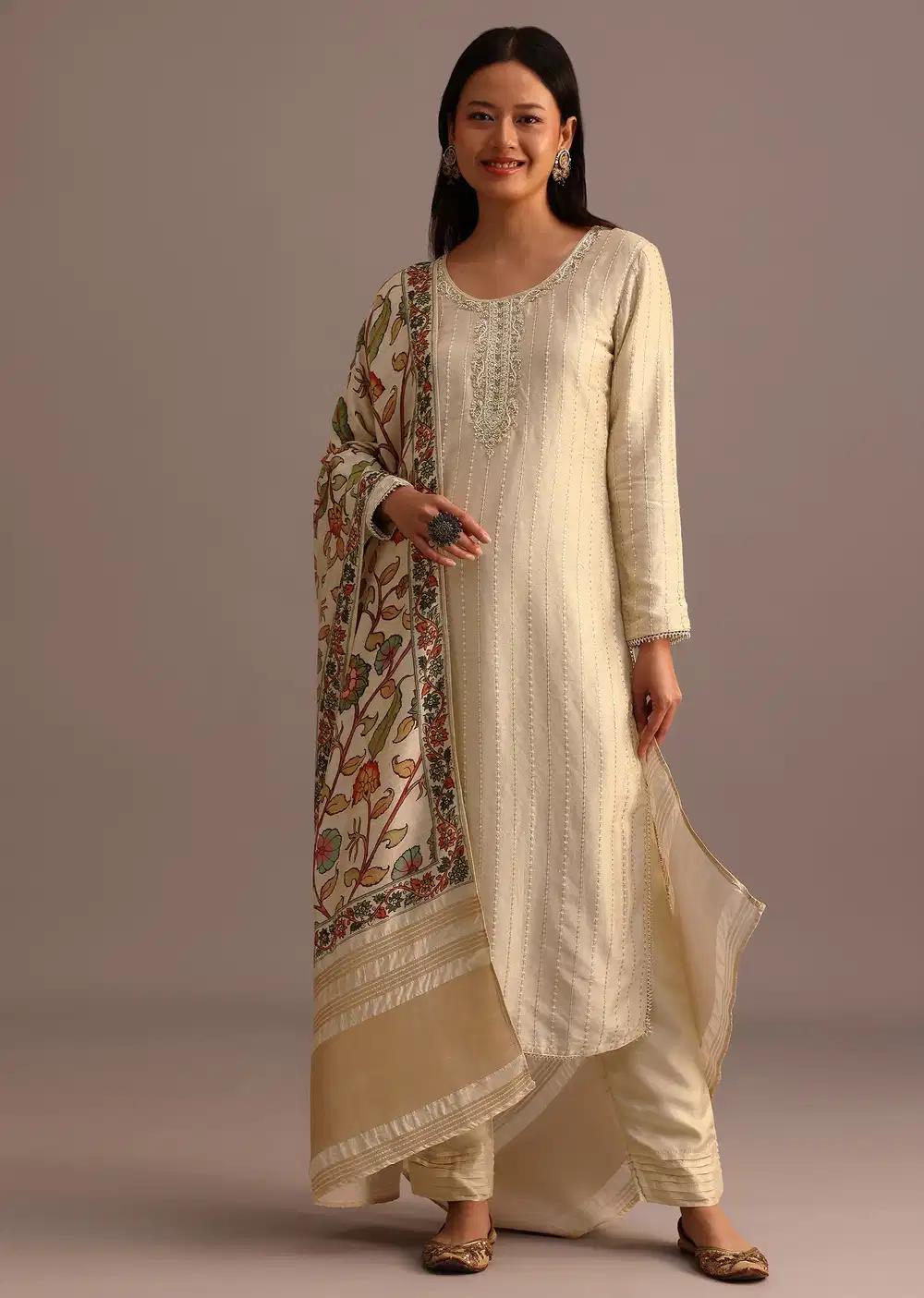 Beige Embroidered Kurti Pant Ensemble With Kalamkari Printed Chanderi Dupatta