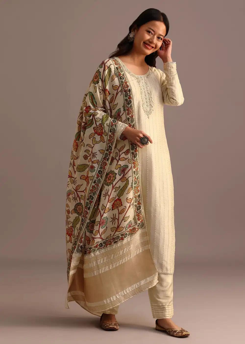 Beige Embroidered Kurti Pant Ensemble With Kalamkari Printed Chanderi Dupatta