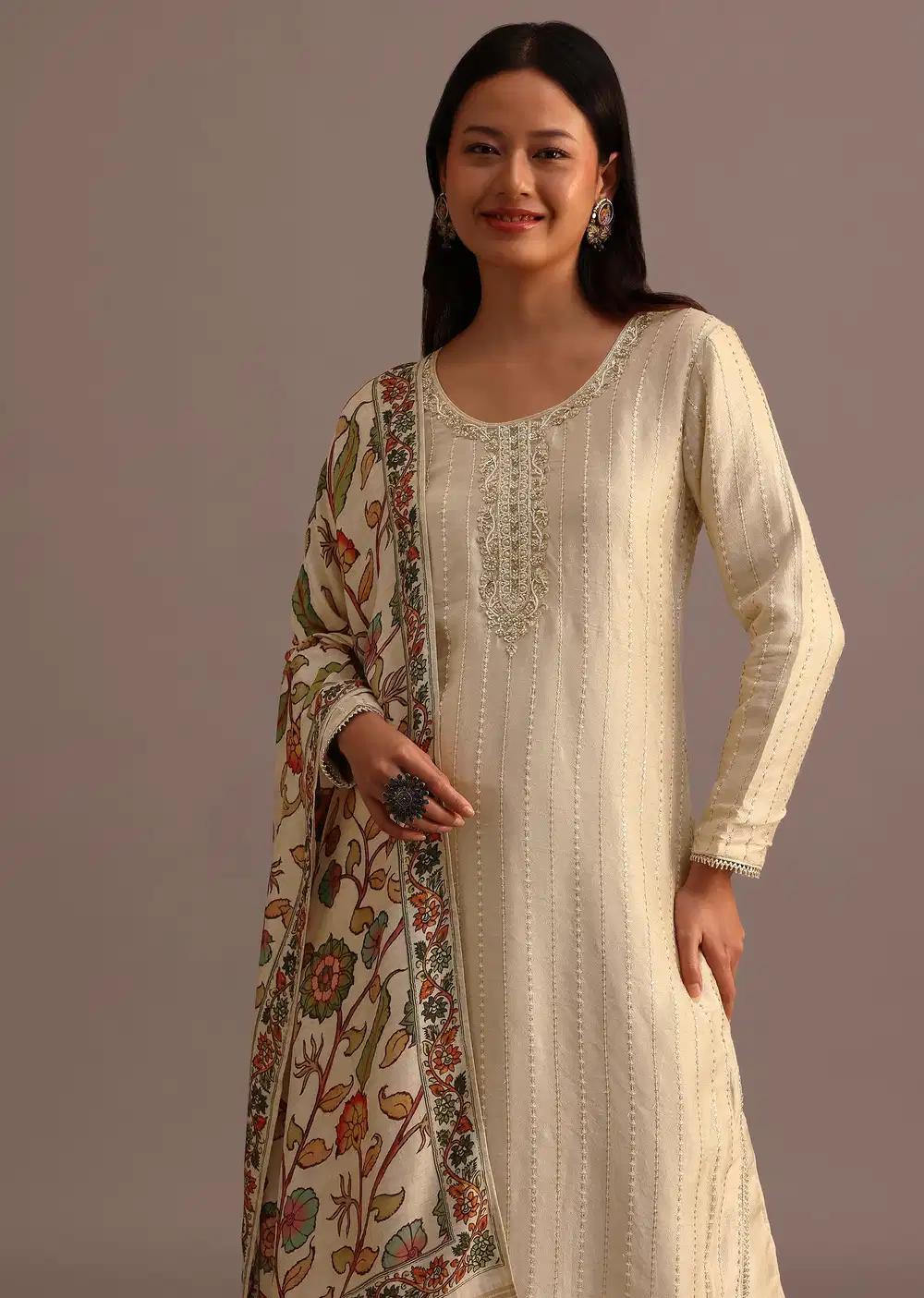 Beige Embroidered Kurti Pant Ensemble With Kalamkari Printed Chanderi Dupatta